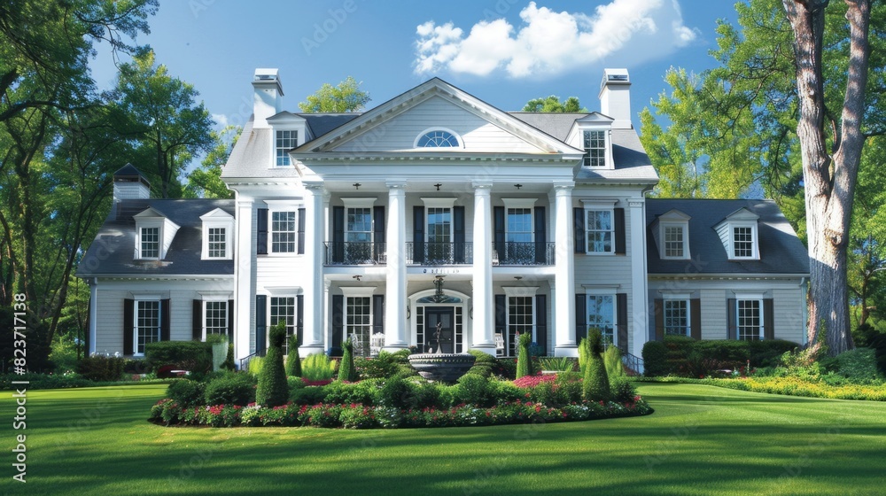 Suburban house with colonial design, inspired by the architecture of the old American colonies. generative ai Suburban house with colonial design, inspired by the architecture of the old American colonies. generative ai