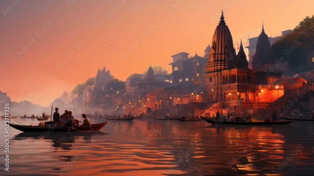 Obraz premium A serene evening scene of people boating on a river with an ancient city’s architecture in the background during sunset