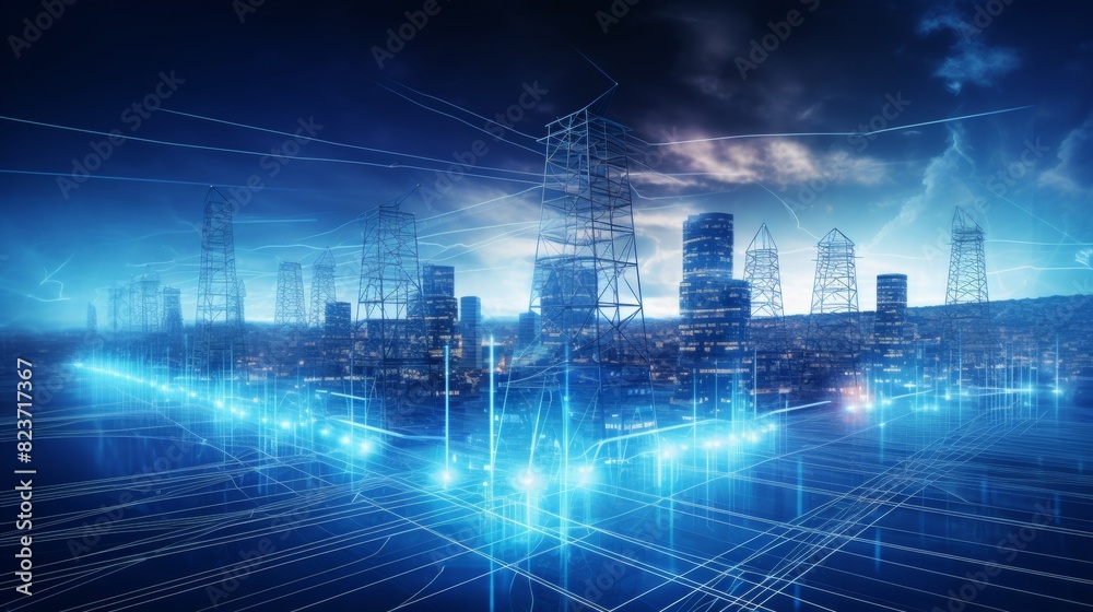 Urban high power poles connected to smart grid, energy supply, power distribution, power transmission, power transmission, high voltage supply, technology, community, city Urban high power poles connected to smart grid, energy supply, power distribution, power transmission, power transmission, high voltage supply, technology, community, city