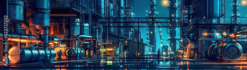 Petroleum Refinery Floor: Featuring distillation towers, storage tanks, pipelines, and workers refining crude oil into petroleum products photo