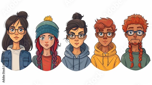 People avatars set. Young men and women with thinking face expressions. Modern line character heads, happy smiling thoughtful girls and guys. Flat vector illustrations isolated on white background photo