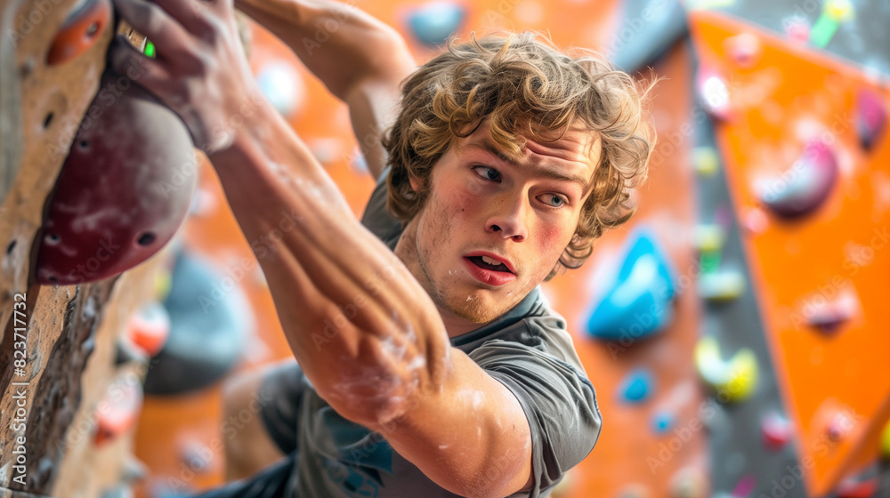 Young Man Climbing Up a Climbing Wall Young Man Climbing Up a Climbing Wall