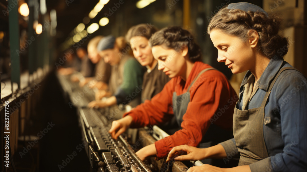 A historical image of women workers focused on an assembly line in a mid-20th century factory setup