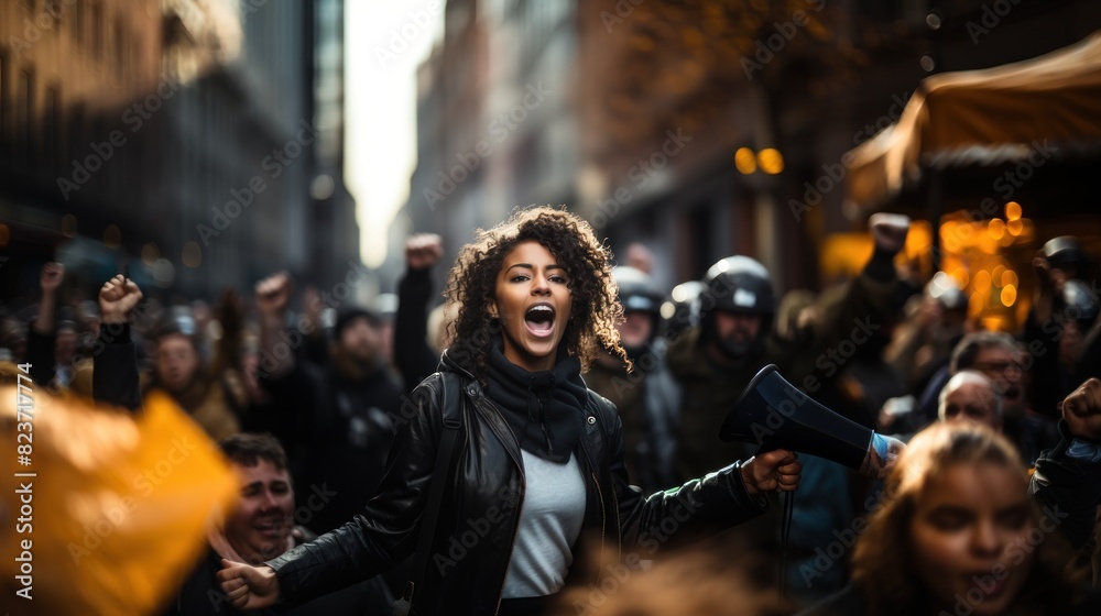 A passionate young woman leading a protest with a megaphone, surrounded by a crowd of protestors A passionate young woman leading a protest with a megaphone, surrounded by a crowd of protestors