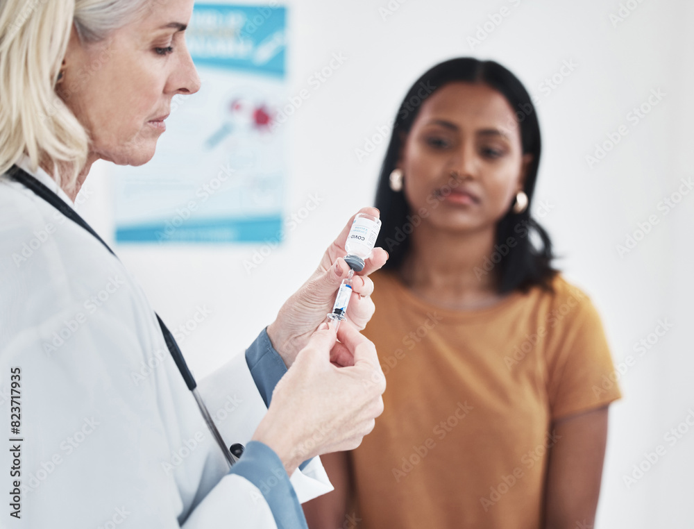 Covid, doctor and woman with vaccine, consultation and healthcare with pharmaceutical drugs. Needle, syringe and medical professional with patient for health insurance, corona prevention and care Covid, doctor and woman with vaccine, consultation and healthcare with pharmaceutical drugs. Needle, syringe and medical professional with patient for health insurance, corona prevention and care
