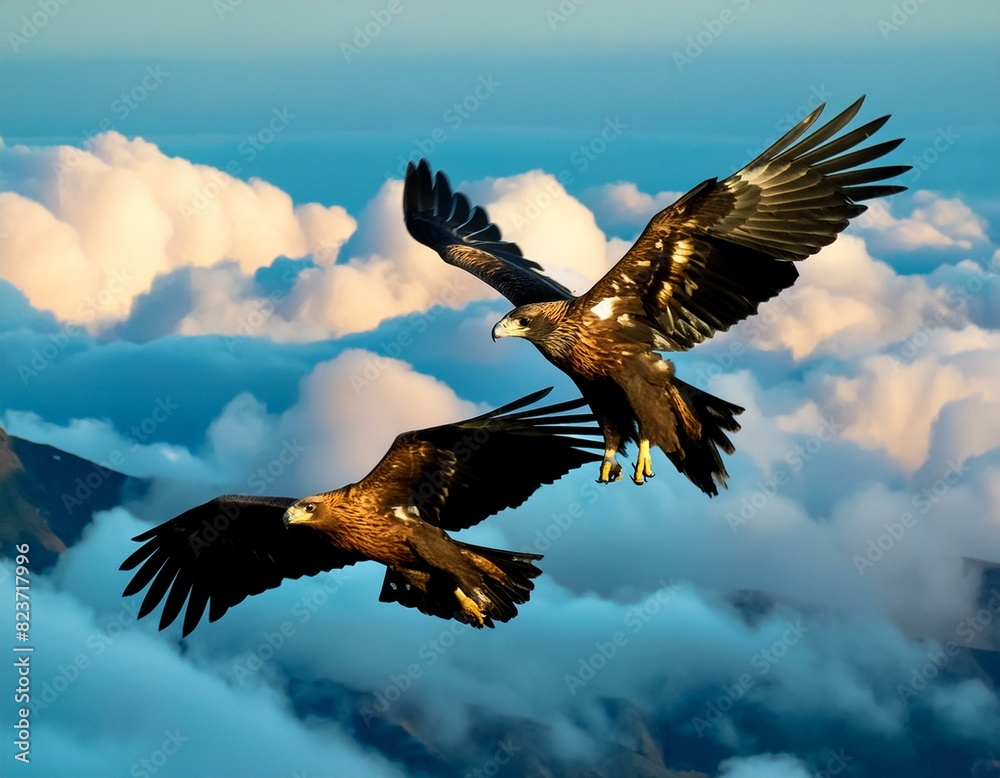 Obraz premium A pair of golden eagles soaring majestically through the expansive sky, their wings outstretched against the backdrop of clouds.