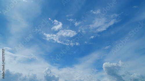 Beautiful cirrus and cumulus clouds visible in blue sky. Translucent cirrus spindrift clouds high up. Timelapse. photo