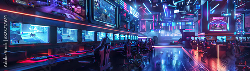 E-Sports Arena Floor: Displaying gaming consoles, spectator seating, streaming booths, and e-sports competitors in action photo