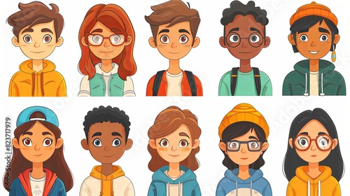 People avatars set. Young men and women with thinking face expressions. Modern line character heads, happy smiling thoughtful girls and guys. Flat vector illustrations isolated on white background photo