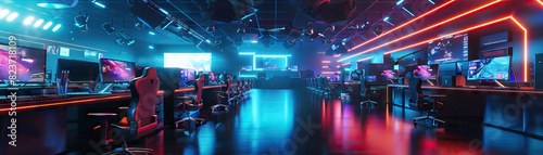 E-Sports Gaming: Showcasing gaming consoles, comfortable seating for spectators, state-of-the-art streaming booths, and e-sports athletes in intense competition. photo