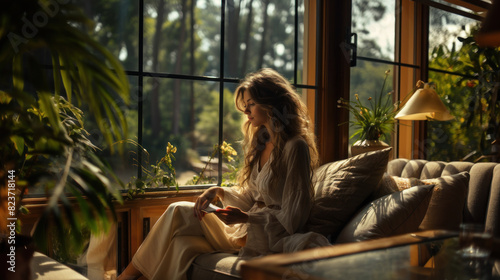 A peaceful scene of a woman relaxing in a comforting cabin interior bathed in sunlight  evoking a sense of tranquility and retreat