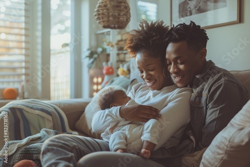 A man and woman are holding a baby on a couch