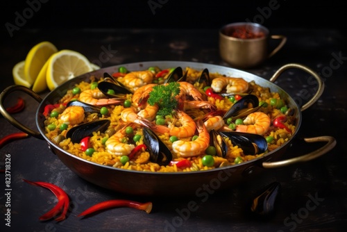 Exquisite paella on a ceramic tile against a polished cement background