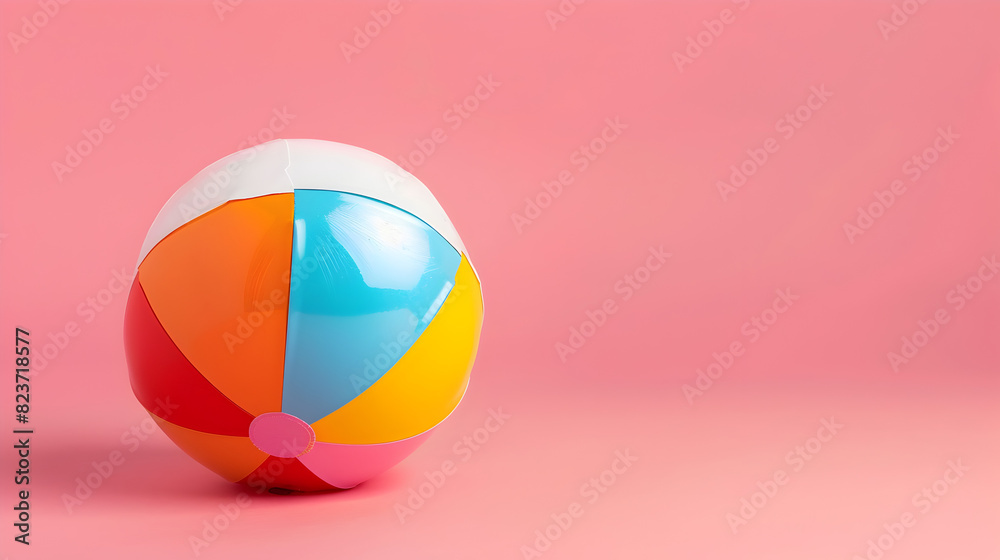 A colorful beach ball sits on a pink background. The bright colors of the ball contrast with the pink background, creating a cheerful and playful mood