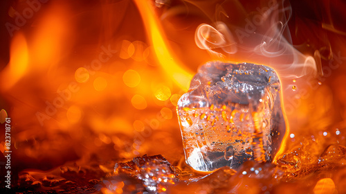 A cube of ice is sitting on a hot surface, surrounded by smoke and fire. The contrast between the cold ice and the hot fire creates a sense of tension and danger