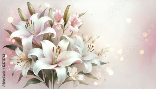 Elegant bouquet of white lilies and pink flowers on a soft  pastel background. Perfect for floral-themed projects and romantic designs.