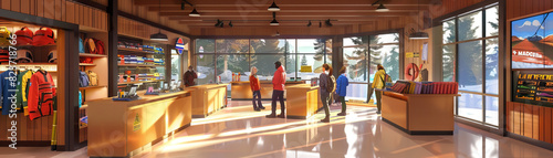 Outdoor Adventure Center Floor: Showing gear rental areas, activity booking desks, outdoor equipment, and guides organizing adventures photo