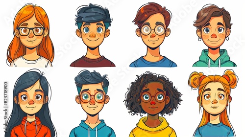 People avatars set. Young men and women with thinking face expressions. Modern line character heads, happy smiling thoughtful girls and guys. Flat vector illustrations isolated on white background photo