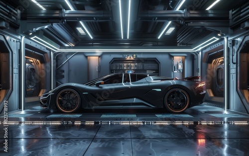 A sleek black supercar is parked in a high-tech, illuminated sci-fi garage, evoking a sense of advanced technology and luxury. The floor and ambient lighting highlight the car's aerodynamic design.