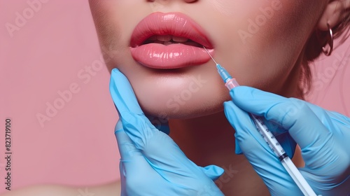Close-up of woman s lips receiving cosmetic injection by blue gloved hands. This is an AI-generated image showing beauty enhancement procedure. AI