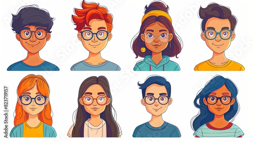 People avatars set. Young men and women with thinking face expressions. Modern line character heads, happy smiling thoughtful girls and guys. Flat vector illustrations isolated on white background photo