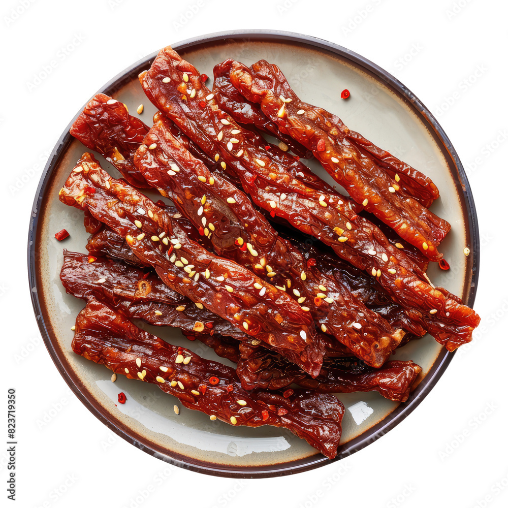 dried meat strips on plate shot from above png isolated on white or transparent background dried meat strips on plate shot from above png isolated on white or transparent background