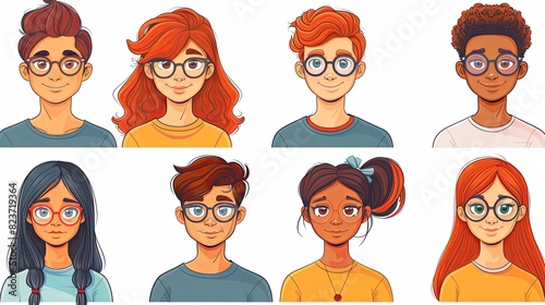 People avatars set. Young men and women with thinking face expressions. Modern line character heads, happy smiling thoughtful girls and guys. Flat vector illustrations isolated on white background photo