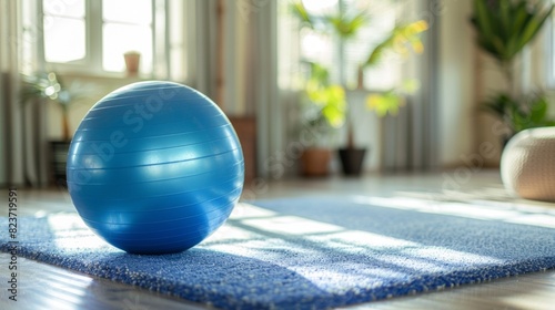 Blue Exercise Ball in a Bright and Sunny Home Gym Setting