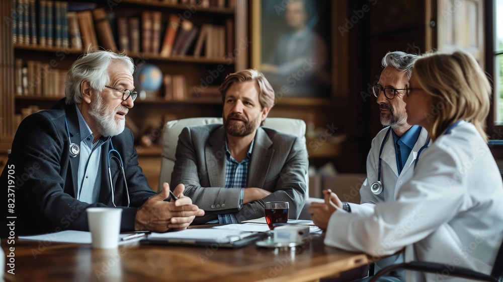 A group of doctors and medical staff engage in a collaborative team discussion at a hospital conference room during the evening. A group of doctors and medical staff engage in a collaborative team discussion at a hospital conference room during the evening.