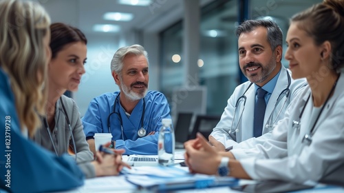 A group of doctors and medical staff engage in a collaborative team discussion at a hospital conference room