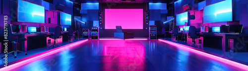 Television Production Studio Floor: Displaying sound stages, control rooms, editing suites, and crew filming TV shows or movies