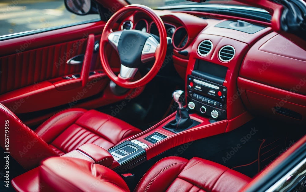 This image captures the sporty essence of a luxury car with its vibrant red interior, featuring a performance steering wheel and a streamlined dashboard. The focus is on speed and style. This image captures the sporty essence of a luxury car with its vibrant red interior, featuring a performance steering wheel and a streamlined dashboard. The focus is on speed and style.