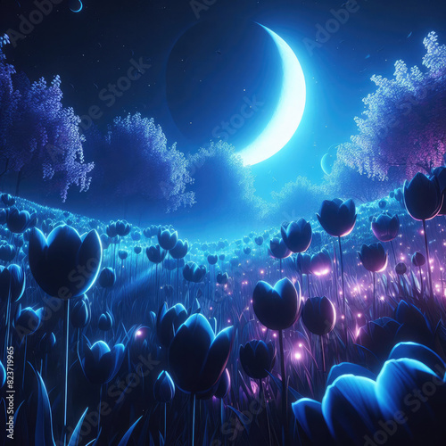 Generative AI Captivating CGI digital cinematic anime image blends vibrant colors with somber tones, The scene is illuminated from below, dramatic light across the landscape. blue full moon backlights photo