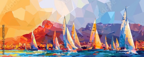 Sailing competition off the coast of Marseille with vibrant boats against a colorful abstract backdrop