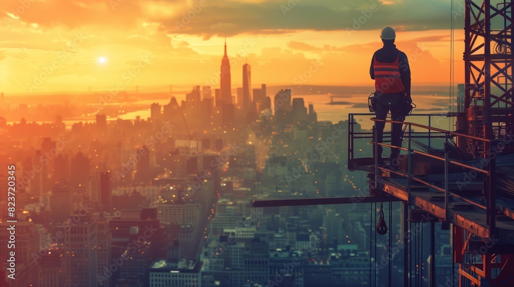A construction worker is operating a crane high above an urban cityscape during sunset A construction worker is operating a crane high above an urban cityscape during sunset