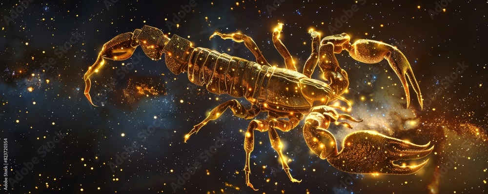 Scorpio constellation depicted as Ares with glowing stars in a cosmic background Scorpio constellation depicted as Ares with glowing stars in a cosmic background