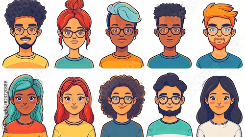 People avatars set. Young men and women with thinking face expressions. Modern line character heads, happy smiling thoughtful girls and guys. Flat vector illustrations isolated on white background photo