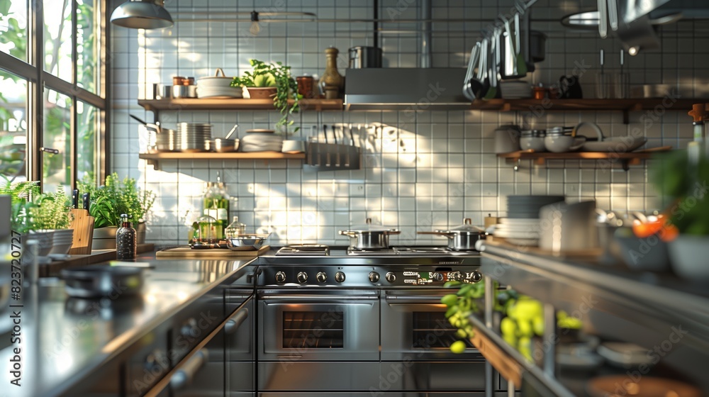 A modern kitchen is brightly lit by morning sunlight streaming through large windows. A modern kitchen is brightly lit by morning sunlight streaming through large windows.