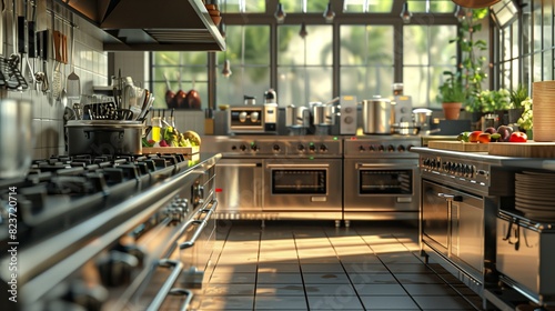 A modern kitchen is brightly lit by morning sunlight streaming through large windows.