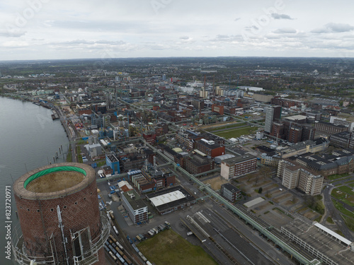 Aerial drone view on chemical production park in Leverkusen, mainly nitration and chlorination products, aromatics, fine chemicals and silicon chemicals are produced here. Product for the photo