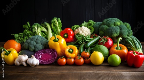 Fresh fruits and vegetables displayed in a variety of colors on a wooden table. Emphasize the benefits of eating more produce for a balanced diet. Ideal for health and food-related articles