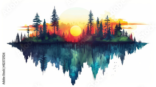 Colorful artistic depiction of a sunset over a forest with a water reflection, blending vibrant hues of orange, blue, and green. photo