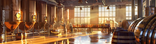 Winery or Brewery Floor: Displaying fermentation tanks, bottling lines, tasting rooms, and workers crafting beverages