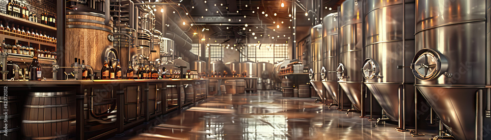 Winery A vast room showcasing towering oak barrels and stainless steel tanks, with a tasting counter and skilled staff diligently blending and bottling fine wines. Winery A vast room showcasing towering oak barrels and stainless steel tanks, with a tasting counter and skilled staff diligently blending and bottling fine wines.