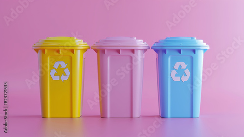 Colorful recycling bins in yellow, pink, and blue against a pink background, emphasizing waste management and environmental awareness. photo