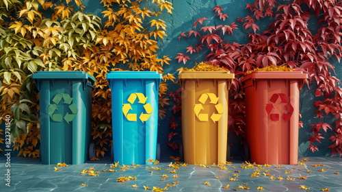 Colorful recycling bins in autumn setting with green, blue, yellow, and red containers against a seasonal backdrop of leafy vines. photo