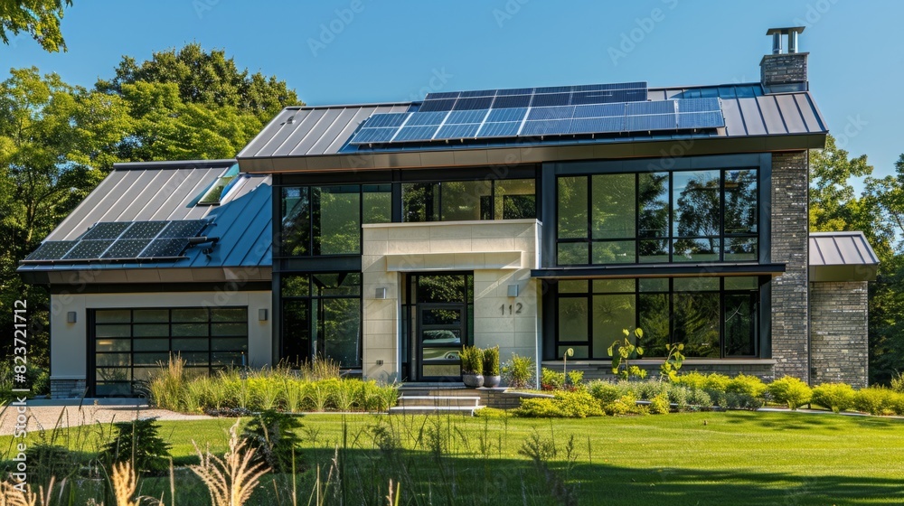 Suburban house with a contemporary design, characterized by clean and minimalist lines, large windows and modern finishes. generative ai Suburban house with a contemporary design, characterized by clean and minimalist lines, large windows and modern finishes. generative ai
