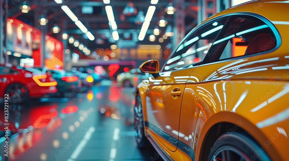 A sleek yellow sports car is showcased in a brightly-lit, modern indoor showroom