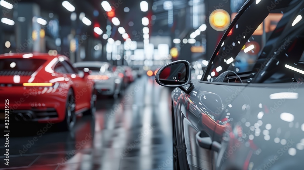 Luxury sports cars are showcased in a modern museum under bright lights. Luxury sports cars are showcased in a modern museum under bright lights.