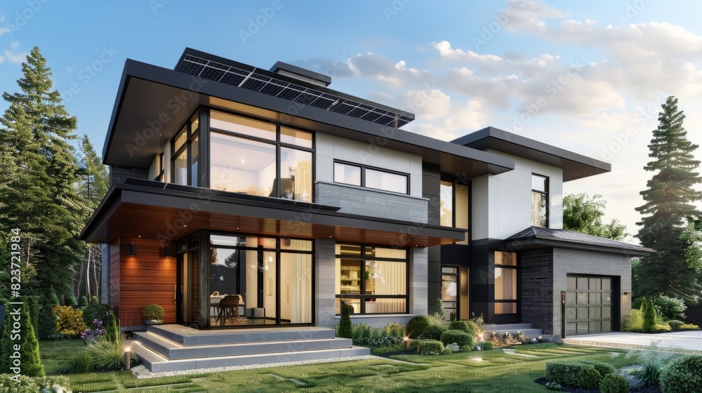 Suburban house with a contemporary design, characterized by clean and minimalist lines, large windows and modern finishes. generative ai Suburban house with a contemporary design, characterized by clean and minimalist lines, large windows and modern finishes. generative ai